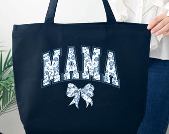 Coquette Mama Tote Bag, Blue Floral Ribbon Bag, Mother's Day Gift, Coquette Bow Bag for Mom, Mama Coquette Bow Bag, Girly Bow Mom Life Bag