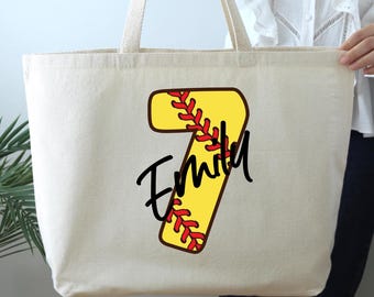 Custom Softball Name and Number Tote Bag, Personalized Softball gift, Softball bag, Softball Lover Gift, , Softball Player bag,Softball Gift
