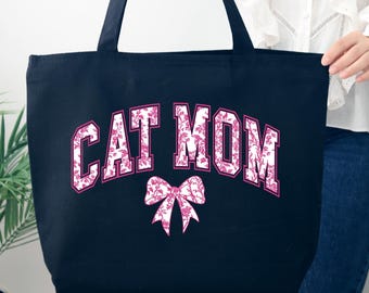 Cat Mom Pink Coquette Bow Tote Bag, Chinoiserie Cat Mom Bag, Retro