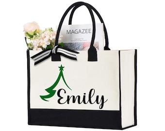 Custom Christmas Name Bag, Personalized Christmas Tree Tote Bag,  Holiday Gift Bag, Xmas Shopping Tote Bag, Custom Christmas Tree Bag