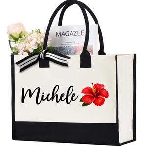 Custom Name Hibiscus Flower Bag, Personalized Hibiscus Bag, Summer Beach Bag, Tropical Bag, Bridesmaid Gift, Summer tote Bag
