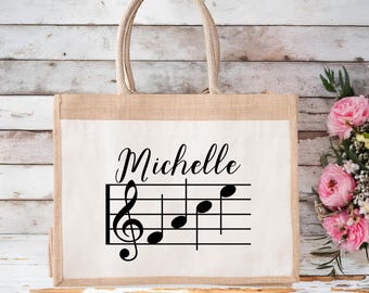Custom Name Music Teacher Bag, Personalized Music Teacher Jute Bag,  Music Teacher Gift, Teacher Appreciation Gift Bag, Music Lover Gift Bag