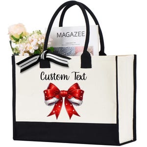 Personalized Christmas Coquette Bow Tote Bag, Custom Text Christmas Bag, Santa Christmas Bag, Coquette Christmas Bag, Christmas Party Bag