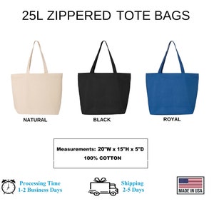 May include: Three 25L zippered tote bags in natural, black, and royal blue. The bags are made of 100% cotton and measure 20 inches wide by 15 inches high by 5 inches deep.