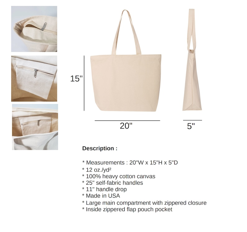 May include: A natural canvas tote bag with a large main compartment and an inside zippered flap pouch pocket. The bag measures 20 inches wide by 15 inches high by 5 inches deep. The bag is made of 100% heavy cotton canvas and has 25 inch self-fabric handles with an 11 inch drop. The bag is made in the USA.