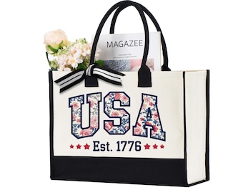 Floral USA Tote Bag, 4th July Bag,  Floral Coquette Bag, USA Est 1776 Bag, Girly 4th of July Bag, Patriotic Women Bag, Flower USA Bag