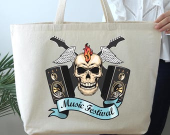 Metal Skull Tote Bag, Rock and Roll Bag, Rock Music Lover Gift, Dark Aesthetic Bag, Unique Black Bag,  Rock Concert Bag, Gothic Skull Bag