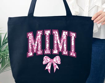 Coquette Mimi Tote Bag, Pink Floral Ribbon Bag, Mother's Day Gift, Coquette Bow Bag for Mimi, Mimi Gifts, Grandma Bag, Birthday Gift for Mom
