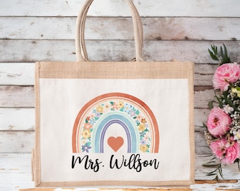 Custom Teacher Name Jute Bag, Personalized Teacher Gift, Teacher Tote Bag, Rainbow Teacher Bag,  Gift for Teacher, Teacher Appreciation Gift