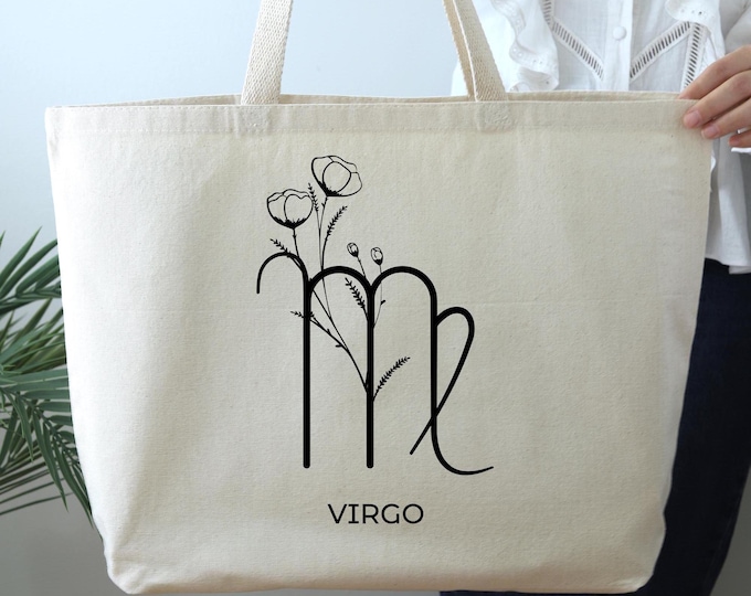 Virgo Zodiac Tote Bag, Virgo Bag, Gift for Virgo, Virgo Birthday Gift, Horoscope Tote Bag, Zodiac Sign Bag, Zodiac Gift, Flower Virgo Bag