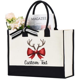 Personalized Christmas Coquette Bow Tote Bag, Custom Reindeer Bow Bag, Custom Christmas Bag, Christmas Coquette Bag, Coquette Christmas Bag