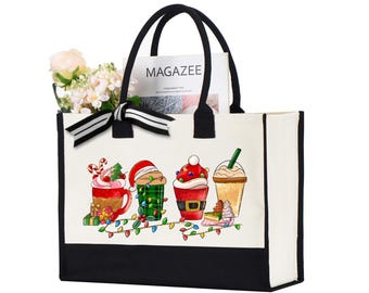 Christmas Latte Drink Tote Bag, Coffee Christmas Tote Bag, Coffee Lover Christmas Gift Bag, Christmas Coffee Latte Cotton Bag, Christmas Bag