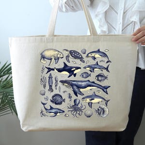 Vintage Sea Animals Tote Bag, Ocean life nautical Bag, Trending Whale Bag, Beach Gift  Bag, Cute Fish  Bag, Under the sea Watercolor Bag