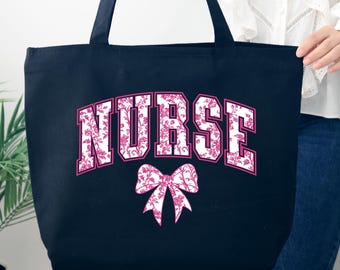 Nurse Coquette Bow Tote Bag, Nurse Bow Bag, Coquette Nurse Gift, Gift For Nurse, Nurse Ribbon Bag, Floral Nurse Bag, Nurse Appreciation Gift