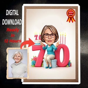 GEPERSONALISEERDE 70e VERJAARDAG Extra speciale dag karikatuur van foto naar cartoon AANGEPASTE verjaardagscadeau voor haar en vrouw Karikatuur van foto