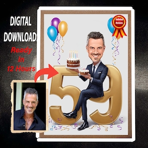 Personalisiertes 59. Mann Cartoon-Porträt, 59. Geburtstag Karikatur, Geburtstags-Karikatur, individuelles Geburtstagsgeschenk, lustiges Geschenk, digitales Geburtstagsauto
