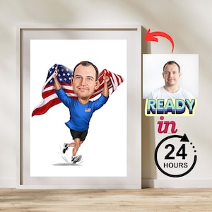 Custom Marathon Running Cartoon Portrait, Gift for Male Marathon Runner, Funny Boss Caricature from Photo, Marathon Running Wall Art