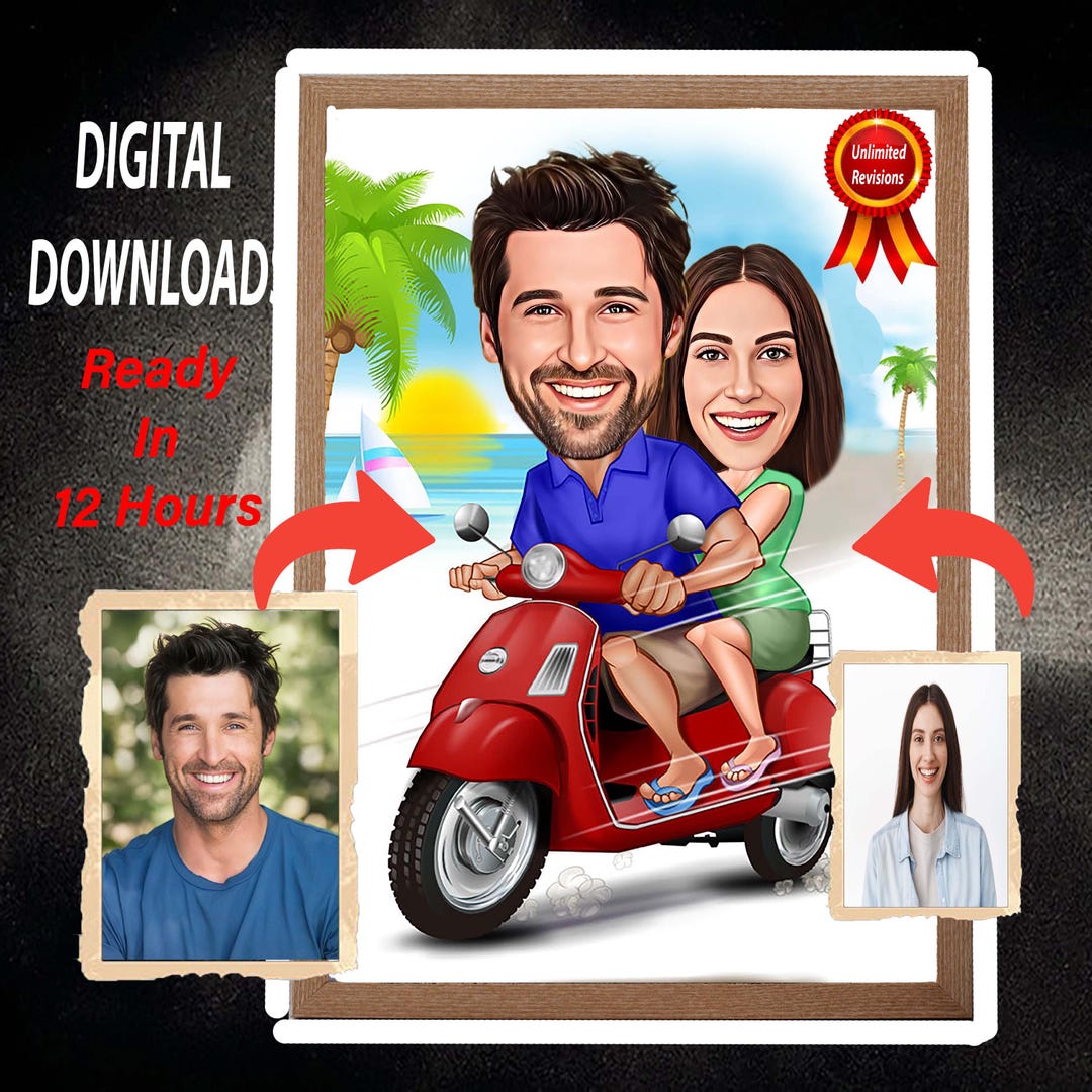 Custom Couple Caricature Portrait: Motorcycle Riders Gift (digital ...