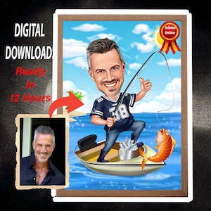 Ritratto di un pescatore in cartone animato personalizzato, disegno di una caricatura di un pescatore personalizzato da una foto, caricatura di un pescatore divertente, regalo per un pescatore