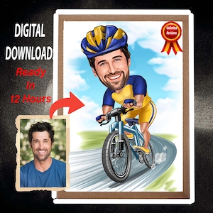 Regalo de ciclista, caricatura de ciclista a partir de una foto, dibujo divertido de ciclista, retrato digital divertido de ciclista, dibujo de caricatura de ciclista, bicicleta