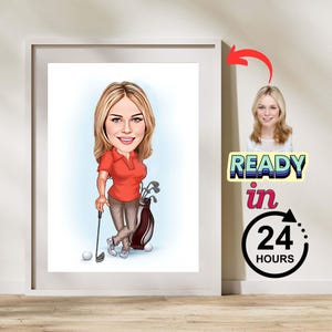Personalized Female Golfer Cartoon Portrait Golfer Gift Golfer Caricature from Photo Funny Golfer Drawing Art Golfer Cartoon Birthday Gift