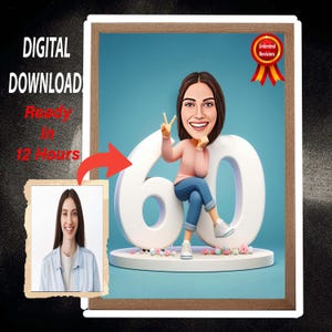 Caricatura de 60 cumpleaños personalizada femenina a partir de fotos Retrato de dibujos animados de feliz cumpleaños Regalo cualquier marco de cumpleaños, Caricatura de imágenes,