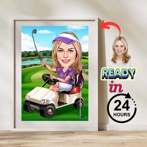 Fremale Golfer Cartoon Portrait, Golfer Portrait, Gift for Golfer, Golfer Caricature, Caricature from Photo, Golfer Cartoon, Funny Golfer