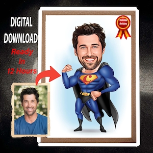 Personalisiertes Superheld-Karikaturporträt, kundenspezifische Superheld-Karikaturzeichnung vom Foto, lustige Superheld-Karikatur, Geschenk für Superheld