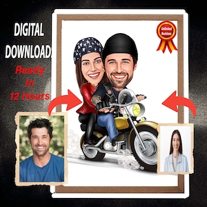 Gepersonaliseerde cartoonportret motorrijder, aangepaste cartoon cadeau beste vrienden, portret motorkoppel, grappig motorrijderpaarcadeau