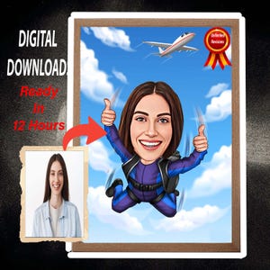 Skydiver Cartoon Drawing from Photo, Male Skydiver Cartoon, Skydiver Caricature, Funny Skydiver Gift, Skydiving Portrait