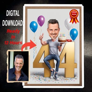 44th Birthday Cartoon Portrait | 44th Birthday gift | Invitation 44th Birthday | 44th Birthday card caricature from photo | 44th Birthday