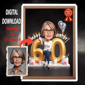 New Personalized 60th Birthday Caricature from Photos Happy Birthday Cartoon Portrait Gift Any Birthday Frame, Caricature from Photo Picture