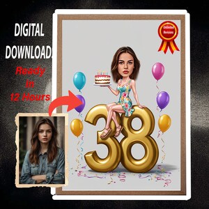 Retrato de aniversário personalizado, Ideia de presente de aniversário, Presente de retrato de desenho animado de feliz aniversário, Feliz 38º aniversário, Caricatura de foto