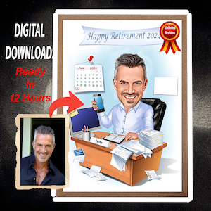 Caricatura de jubilación personalizada, caricatura a partir de una foto, regalo de jubilación, retrato de jubilación, retrato digital, regalo digital para la jubilación