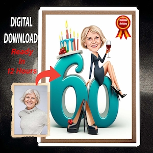 Neue personalisierte 60. Geburtstag Karikatur von Fotos Happy Birthday Cartoon Portrait Geschenk Jeder Geburtstagsrahmen, Karikatur vom Foto Bild