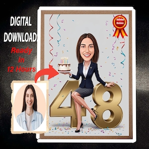 Retrato de aniversário personalizado, Ideia de presente de aniversário, Presente de retrato de desenho animado de feliz aniversário, Feliz 48º aniversário, Caricatura de foto