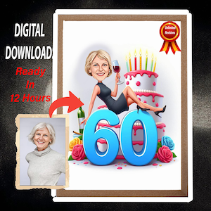 Retrato de dibujos animados personalizado de 60 años, dibujo de caricatura de feliz cumpleaños personalizado, caricatura divertida, regalo para ella, feliz 40, 50, 60 y 70 años