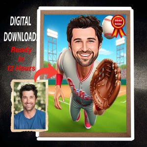Personalized baseball catcher caricature art gift for him, Gift for Baseball Player, Baseball Cartoon, Caricature from Photo, Baseball