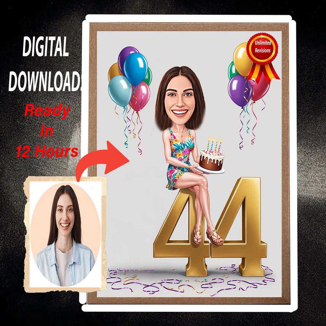 44th Birthday Cartoon Portrait: Personalized Caricature Gift (digital ...