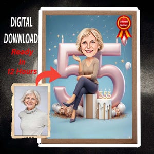 Gepersonaliseerde 55e verjaardag karikatuur van foto's, gelukkige verjaardag cartoon portret cadeau, gelukkige 55e verjaardag, karikatuur van foto