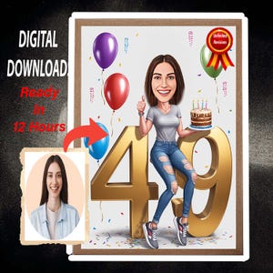 Retrato de dibujos animados del 49.º cumpleaños / Regalo del 49.º cumpleaños / Invitación del 49.º cumpleaños / Tarjeta de caricatura del 49.º cumpleaños a partir de una foto / 49.º cumpleaños