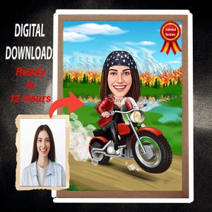 Custom Female Biker Cartoon Portrait: Personalized Motorcycle Rider Art (Digital Download)