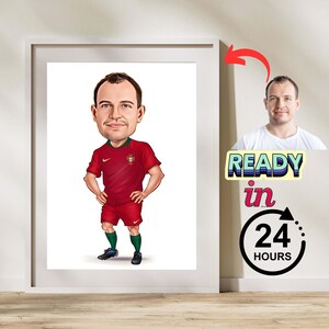 Retrato de caricatura de jugador de fútbol personalizado, dibujo de caricatura de jugador de fútbol personalizado a partir de una foto, regalo divertido de caricatura de jugador de fútbol para él