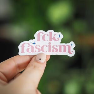 Könnte beinhalten: Ein gestanzter Aufkleber mit weißem Hintergrund und dem Text fck fascism in einer hellrosa, abgerundeten Serifenschrift. Das Design enthält kleine, vierzackige dunkelblaue Sternakzente, die über und rechts neben dem Schriftzug platziert sind.