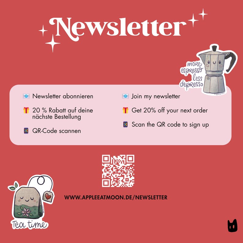 Rote Grafik mit weißer Aufschrift Newsletter, QR-Code und kleinen Illustrationen einer Kaffeekanne und einer Teetüte.