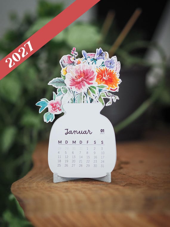 Blumen Tischkalender 2027, Aquarell Blumen Mini Kalender mit Standfuß, 12 Monate, desk aesthetic stationary, standing desk calendar, Büro
