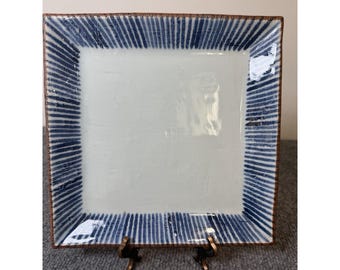 Japanese Touraku 陶楽 Pottery Square Plate Blue White 9.5" Signed Studio Art