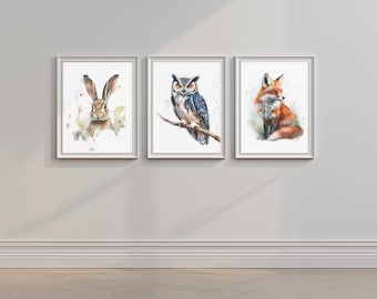Woodland animal watercolour print set, Hare/Owl/Fox for nursery/home
