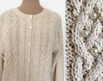 Vintage 80s Pearl Silk Cardigan *Medium* LIZ CLAIBORNE Hand-Knit Embellished Sweater