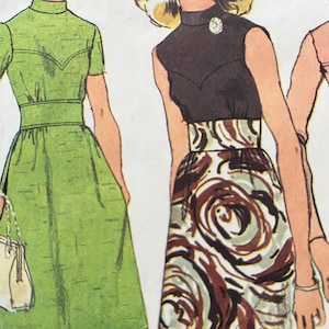 May include: A vintage sewing pattern illustration featuring two dresses. One is a solid green dress with short sleeves and a high neckline. The other is a sleeveless black bodice dress with a high neckline and a skirt featuring a brown and white swirl pattern.
